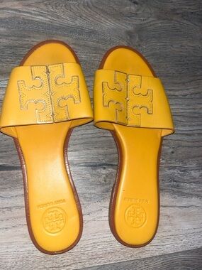 Tory Burch Mustard Yellow Logo Slide Sandals